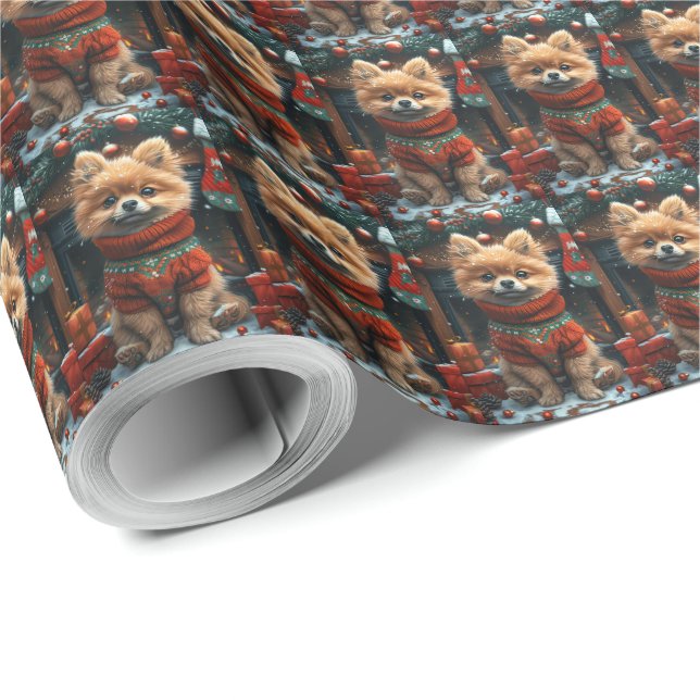 Papel De Presente Cão Pomerânia com Presentes de Natal Lareira (Ponta do rolo)