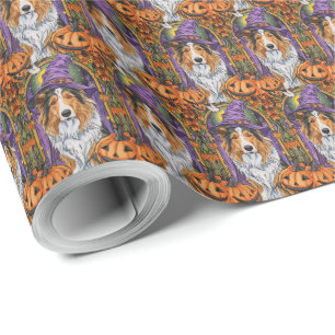 Papel De Presente Cão Rough Collie Assustador Abóbora de Halloween B