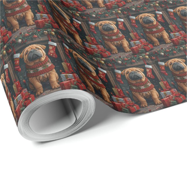 Papel De Presente Cão Shar Pei Com Presentes de Natal Lareira (Ponta do rolo)