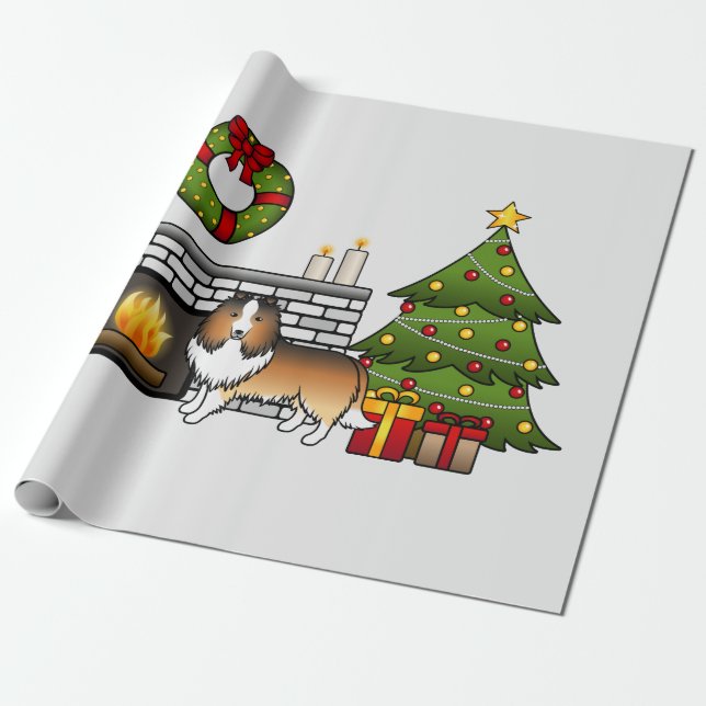 Papel De Presente Cão Shetland Sheepdog Sable Em Uma Sala De Natal (Desenrolado)