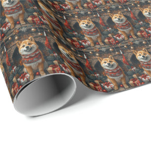 Papel De Presente Cão Shiba Inu Com Presentes de Natal Lareira
