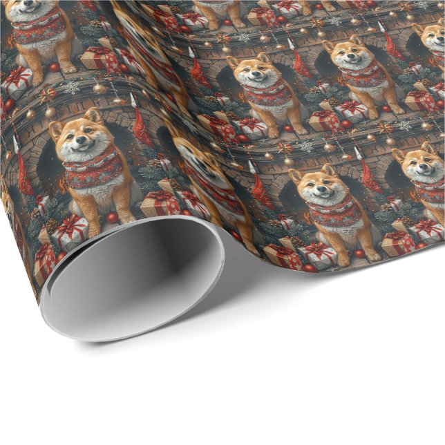 Papel De Presente Cão Shiba Inu Com Presentes de Natal Lareira (Ponta do rolo)