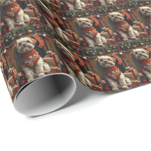 Papel De Presente Cão Shih Tzu Com Presentes de Natal Lareira