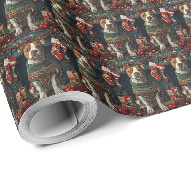Papel De Presente Cão Staffordshire Americano Com Presentes de Natal (Ponta do rolo)
