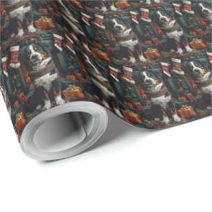 Papel De Presente Cão Suíço Maior com Presentes de Natal Lareira