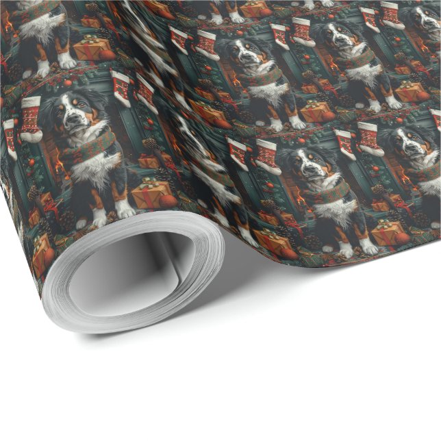 Papel De Presente Cão Suíço Maior com Presentes de Natal Lareira (Ponta do rolo)