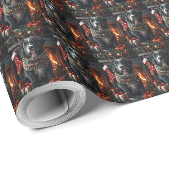 Papel De Presente Cão Terra-Nova com Presentes de Natal na Lareira (Ponta do rolo)