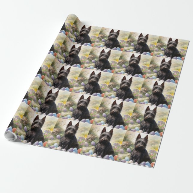 Papel De Presente Cão Terrier Escocês com Ovos da Páscoa Feriado (Desenrolado)