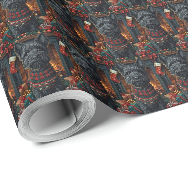 Papel De Presente Cão Terrier Escocês Com Presentes de Natal (Ponta do rolo)