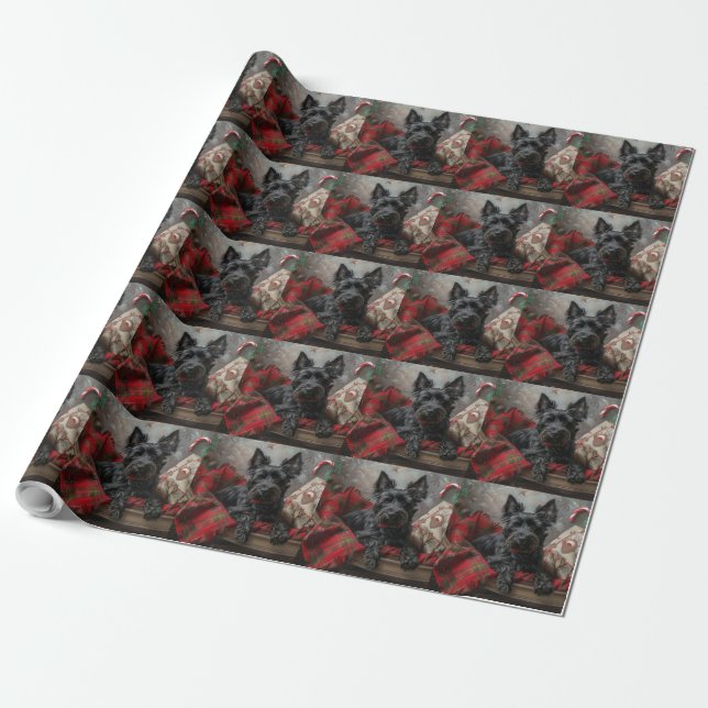 Papel De Presente Cão Terrier Escocês Natal Festivo (Desenrolado)
