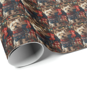 Papel De Presente Cão Terrier Skye com Presentes de Natal na Lareira