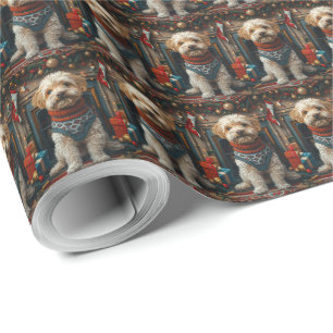 Papel De Presente Cão Terrier Tibetano com Presentes de Natal na Lar