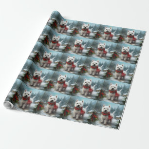 Papel De Presente Cão Terrier West Highland White na Neve Natal