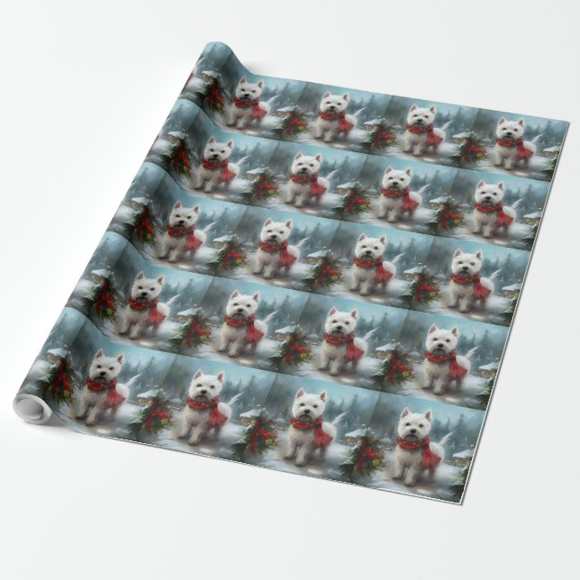 Papel De Presente Cão Terrier West Highland White na Neve Natal (Desenrolado)