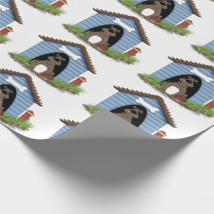 Papel De Presente cão-touro numa casa de cão com hidrante