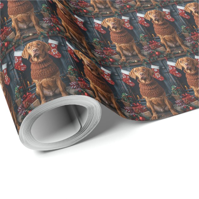 Papel De Presente Cão Vizsla com Presentes de Natal Lareira (Ponta do rolo)