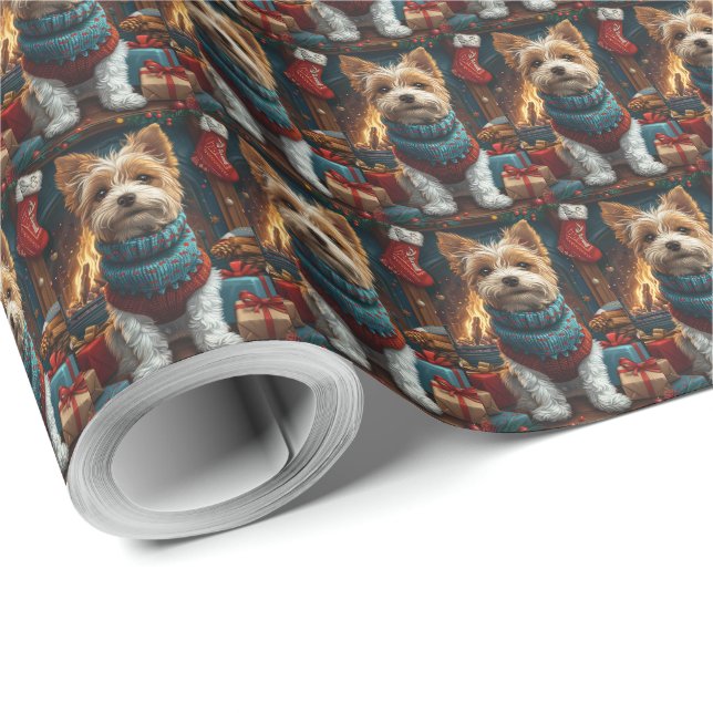 Papel De Presente Cão Wire Fox Terrier Com Presente de Natal na Lare (Ponta do rolo)