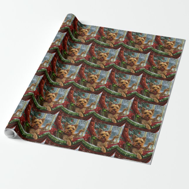 Papel De Presente Cão Yorkshire Terrier Natal Festivo (Desenrolado)
