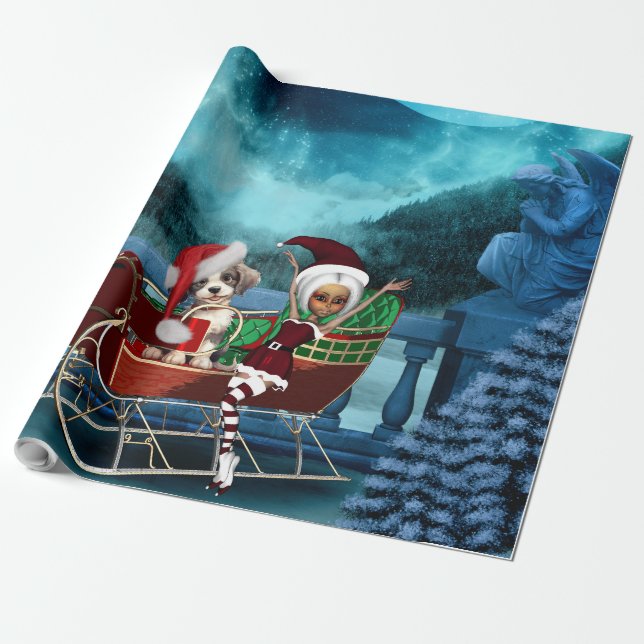 Papel De Presente Cãozinho de natal bonito e elfo (Desenrolado)