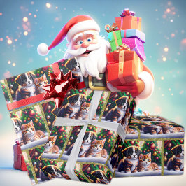 Papel De Presente Cãozinho e gato bonitos debaixo da árvore de Natal