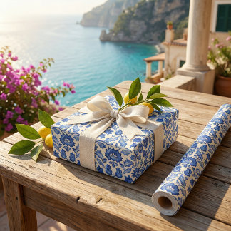 Papel De Presente Capri Vintage Flair: Arte Italiana Azul e Branca