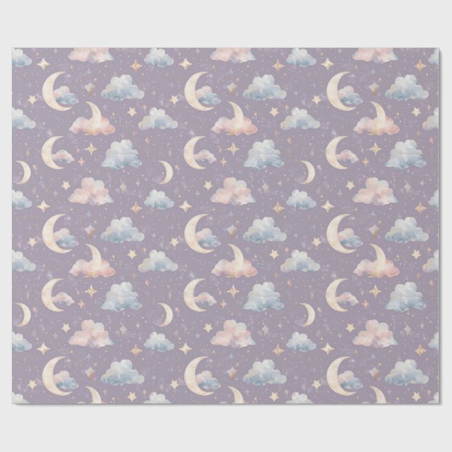 Papel De Presente Caprichoso Aquarela Celestial Lua Estrelas Nuvens (Aberto)