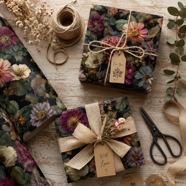 Papel De Presente Caprichoso Floral Boho Escuro e Temperamental Rosa (Criador carregado)