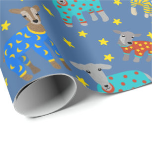 Papel De Presente Caprinos em pijama com estrelas padrão azul