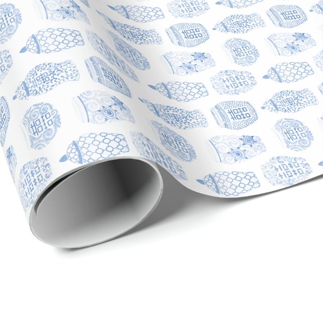 Papel De Presente Caractere Clássico De Água Azul E Ginger Branco (Ponta do rolo)