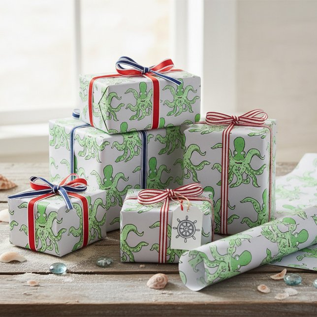 Papel De Presente Caractere Octopus Verde Quirky Sea Monster (Criador carregado)