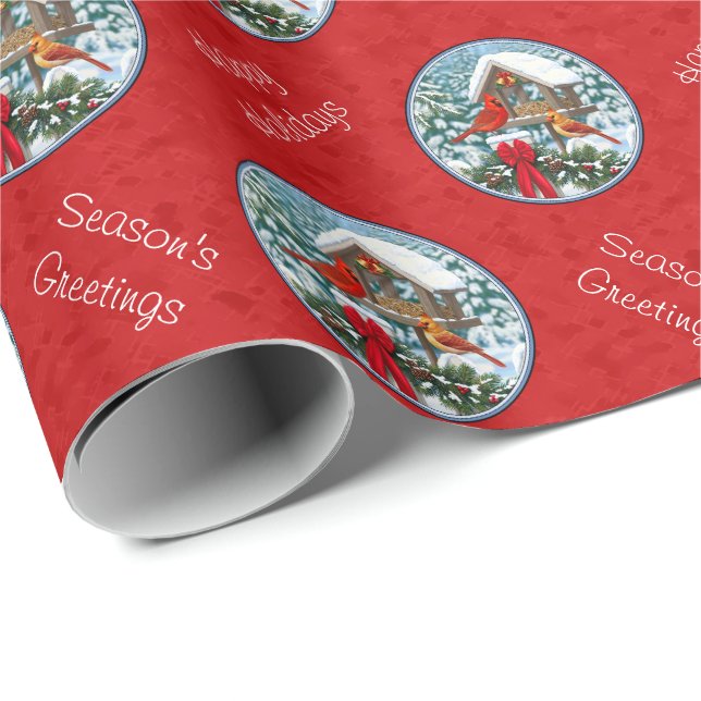 Papel De Presente Cardeais Alimentador de Natal Vermelho (Ponta do rolo)