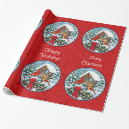 Papel De Presente Cardeais Alimentador de Natal Vermelho
