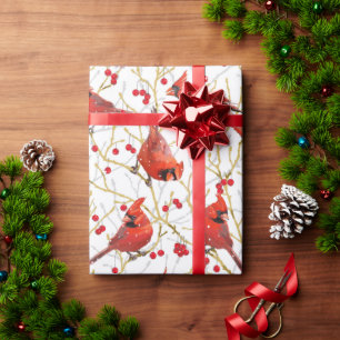 Papel De Presente Cardeais Neves + Winterberry Natal   Branco