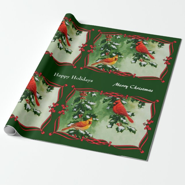 Papel De Presente Cardeais Verde Masculino e Feminino (Desenrolado)
