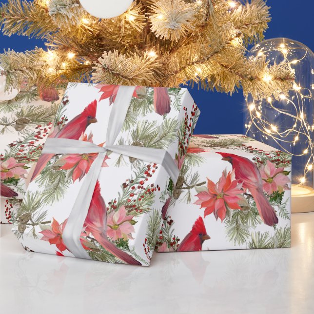 Papel De Presente Cardeais Vermelhos, Berries e Flores de Poinsettia (Feriados)