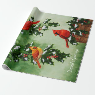 Papel De Presente Cardeais Vermelhos e Folhas Holly
