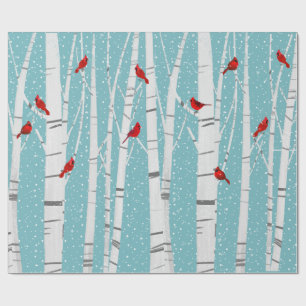 Papel De Presente Cardeais Vermelhos Em Birch Branco