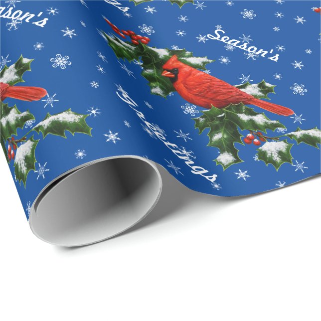 Papel De Presente Cardinal e flocos de neve de azevinho (Ponta do rolo)