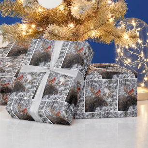 Papel De Presente Cardinal Vermelho de Natal em Galhadas de Alce Nev