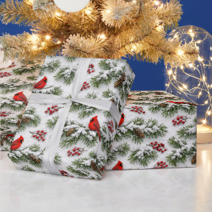 Papel De Presente Cardinal Vermelho de Natal Neve Sempreverde
