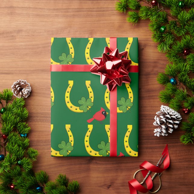 Papel De Presente Cardinal Vermelho em Ferradura Dourada com Trevo (Presente de Natal)