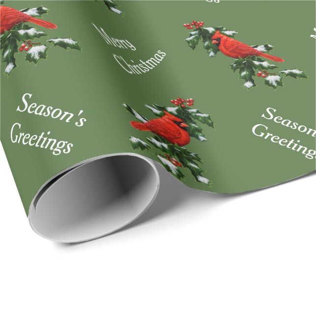 Papel De Presente Cardinal Vermelho Macho e Verde de Azevinho (Ponta do rolo)