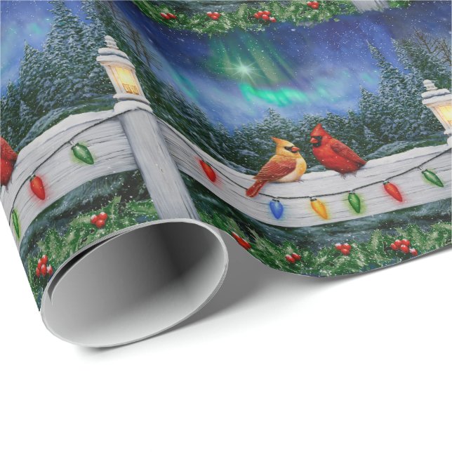 Papel De Presente Cardinhos e Luzes de Natal Neve de inverno (Ponta do rolo)