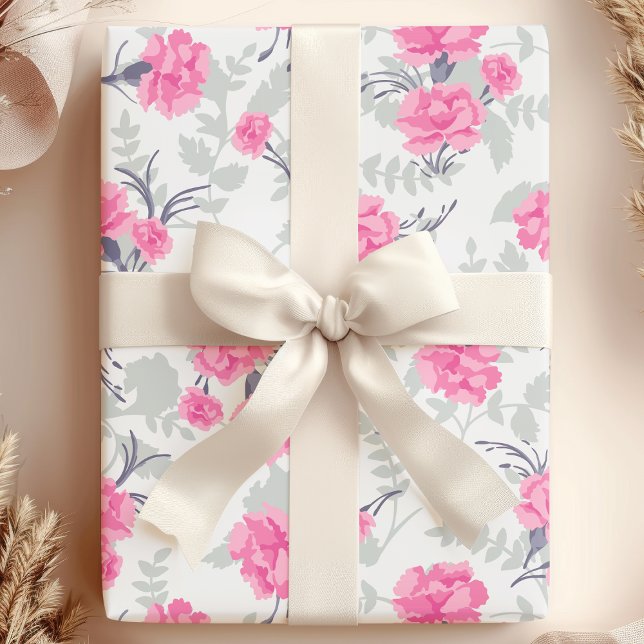 Papel De Presente Carnation Floral Rosa e Cinza (Criador carregado)