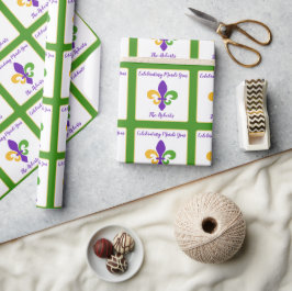 Papel De Presente Carnaval NAME Verde Dourado Roxo Fleur de Lis