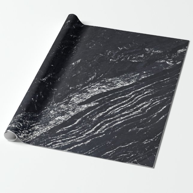 Papel De Presente Carrara Marble Stone, Cinza de prata Marinho preto (Desenrolado)