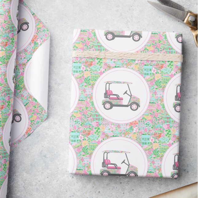 Papel De Presente Carrinho de Golfe de Palma Rosa e Verde (Criador carregado)