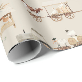 Papel De Presente Carrinho de Trator de Fazenda casa de fazenda Bege
