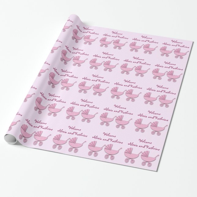 Papel De Presente carrinhos de bebê de bolinhas rosa duplo (Desenrolado)