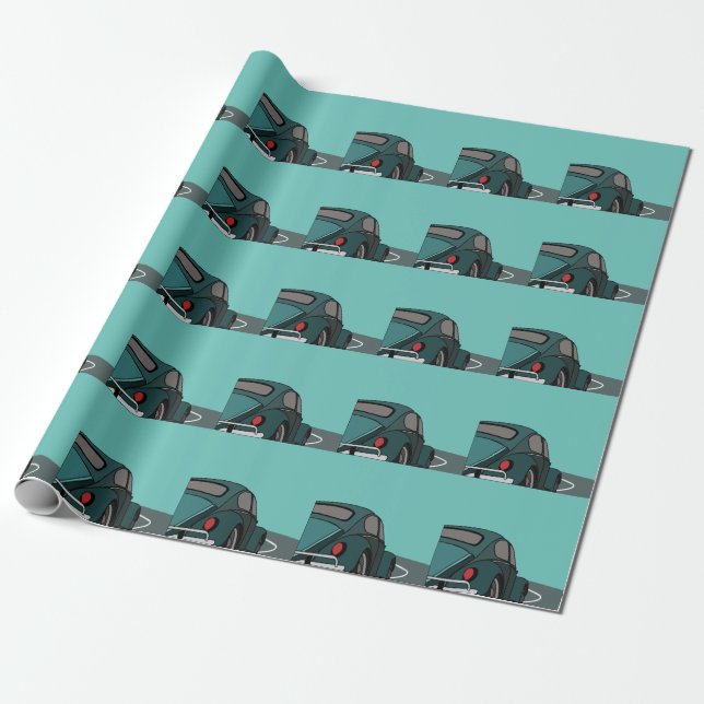 Papel De Presente Carro Azul Clássico Aniversário (Desenrolado)